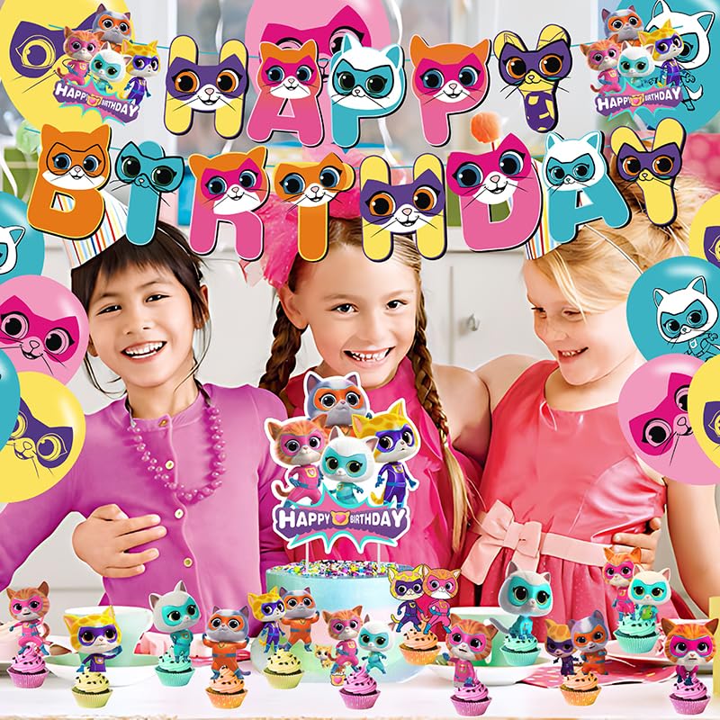 Super Cats Birthday Decorations, Super Cats Party Supplies Include Happy Birthday Banner, Cake Topper and Cupcake Toppers, Balloons for Kids Party