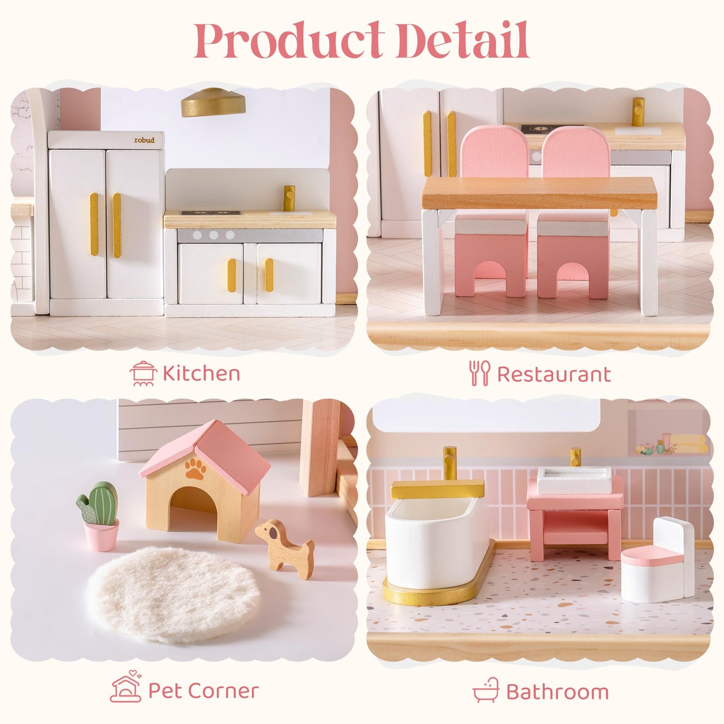 ROBUD Wooden Dollhouse Furniture Set, 28 Pcs Doll House Accessories, Miniature Furniture Including 6 Room Kits, Pretend Play Toys, Gift for Boys