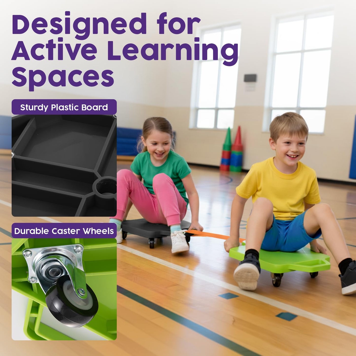 Hurtle Scooter Boards for Kids with Safety Handles, 2-Pack Heavy Duty Gym Floor Scooters with 360° Wheels for PE, Indoor Active Play, Support 200 lbs