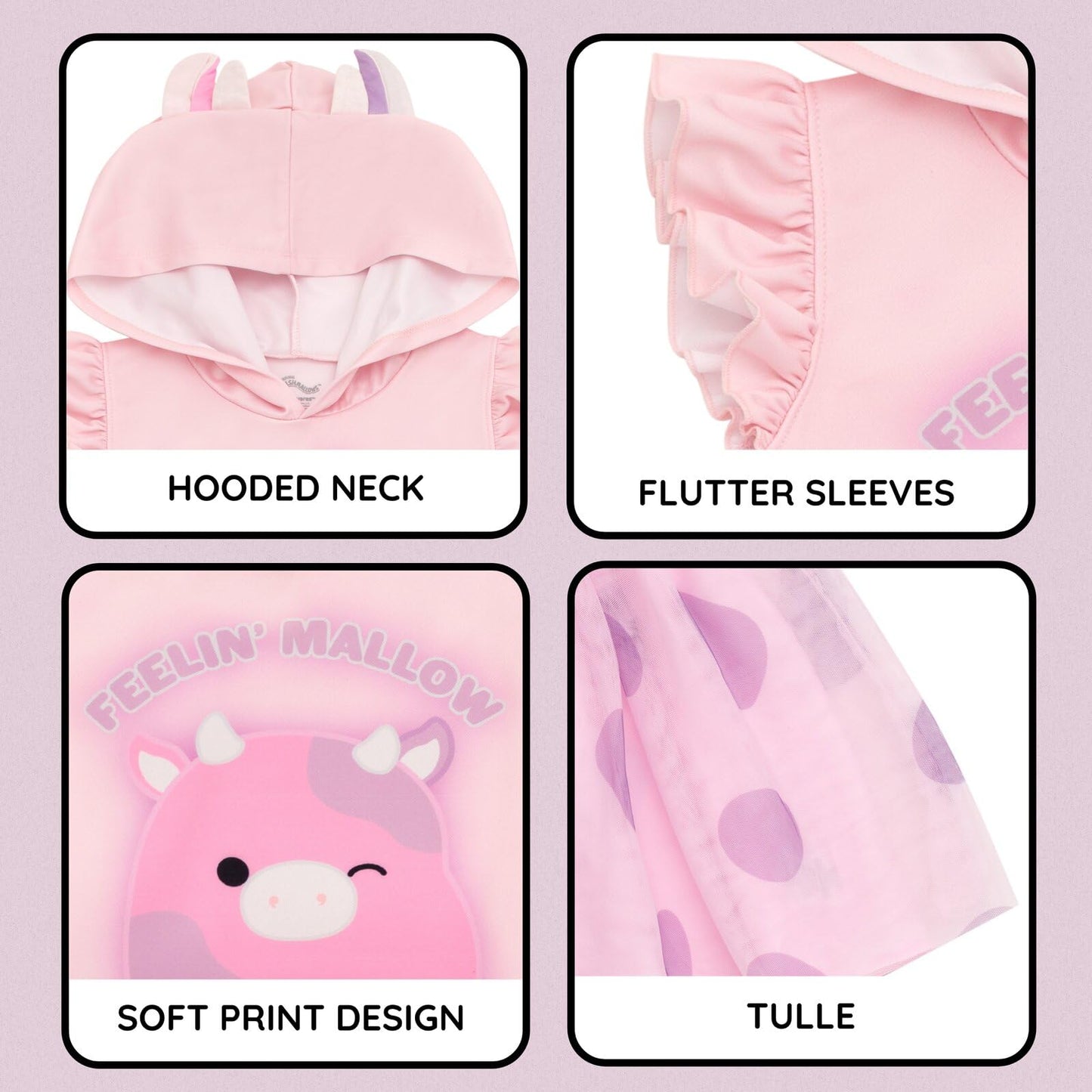 Squishmallows Patty the Cow Little Girls Scuba Cosplay Hooded Tulle Tutu Dress Pink 5