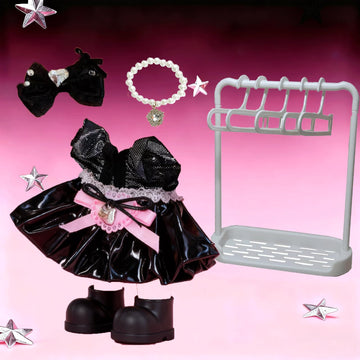 Doll Clothes Set ,Sparkling Black & Pink Princess Dress Set for 17cm Dolls - 5 Piece Outfit with Glitter Sleeveless Gown, Bow Headband, Pearl
