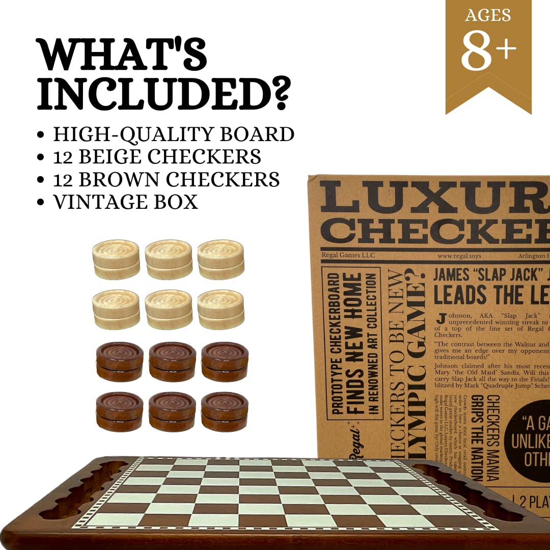Regal Games Luxury Checkers Board Game for Adults & Kids - Classic Wooden Board Game Set with 24 Checkers Pieces - Travel and Portable Table Games