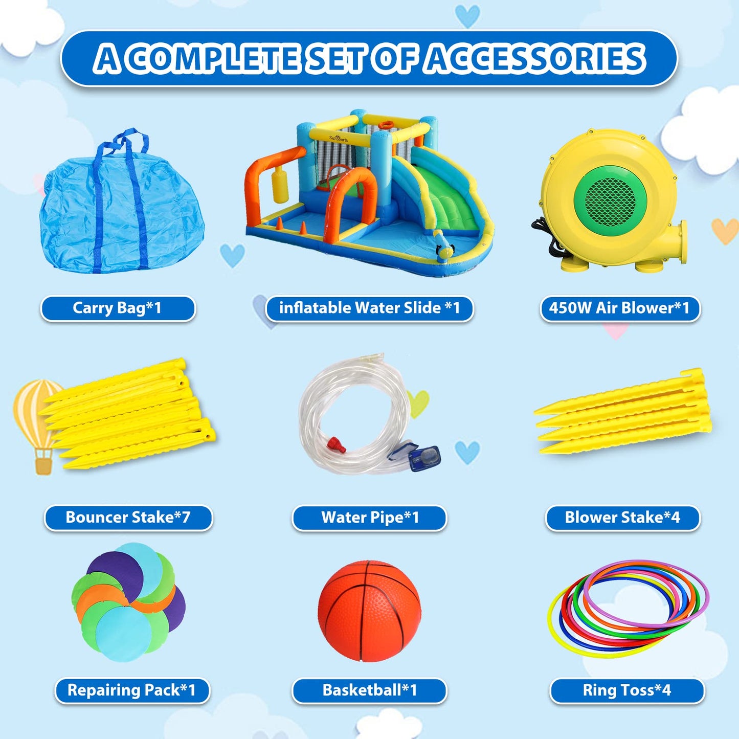 SunSports Inflatable Water Slide,Bounce House with Slide for Indoor Party,Bouncy Castle with for Kids Outdoor, Water Slides for Backyard,Inflatable