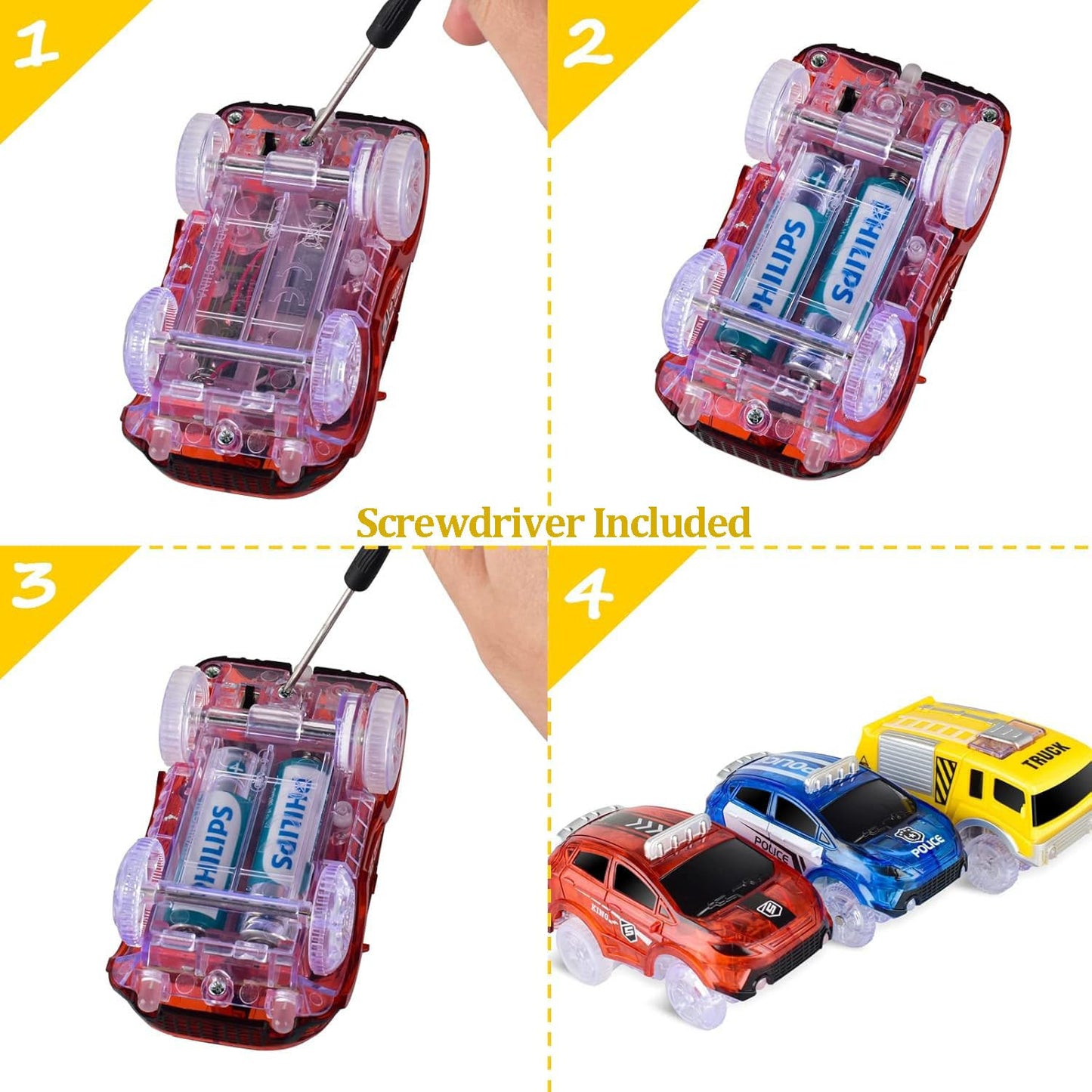 Track Cars Only Replacement Light Up Toy Cars with 5 Flashing LED Lights for Tracks Glow in the Dark, Flex Race Car Track Accessories Compatible