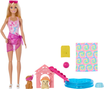 Barbie Puppy Pool Party Playset with Doll, Dog House and Slide, Heart Shaped Pool, Two Dog Figures, Six Accessories and Color Change, JBF35