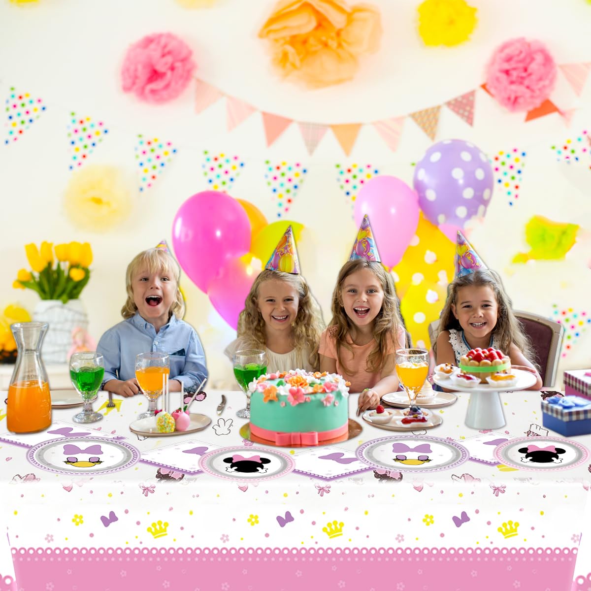 Party Tableware For Cute Mouse,16 pcs Paper Plates (8pcs 9 inch and 8pcs 7inch)-20 Napkin and Table Cloth 86” x 52”,Girl Cute Mouse Birthday Party