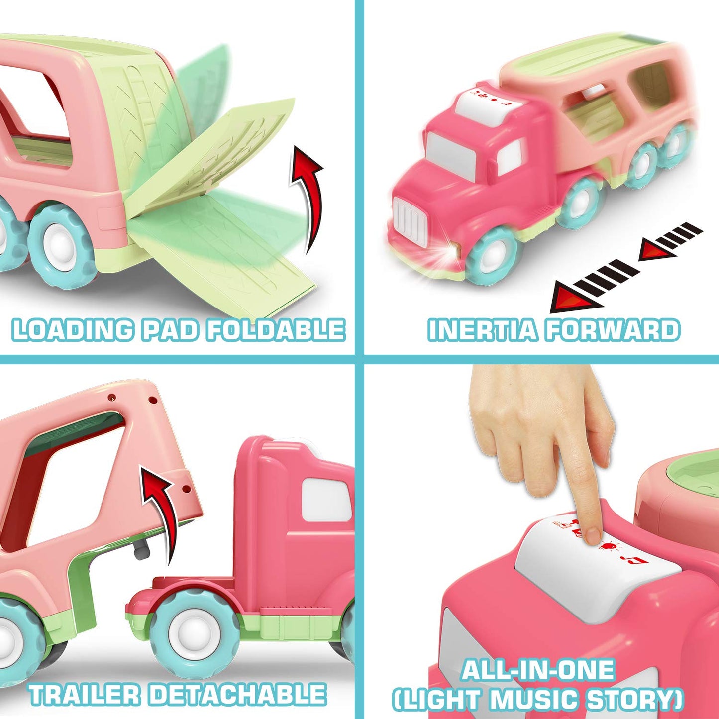 Carrier Car Toy Set(5 in 1) with Lights and Sounds, Pink Toy for Girl Toddler Kid, Friction Powered Double Layer Transport Truck with Cartoon
