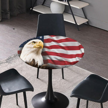 American Flag Round Fitted Tablecloth Elastic Edged Table Cover, Blue Red Eagle Flag Wipeable Table Cloths for Kitchen Dining Party Use, Fit for 28"