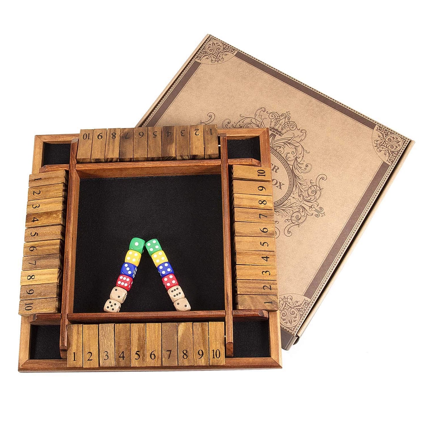 AMEROUS 1-4 Players Shut The Box Dice Game, Wooden Board Table Math Game with 12 Dice and Shut-The-Box Instructions for Kids Adults, Family Classroom