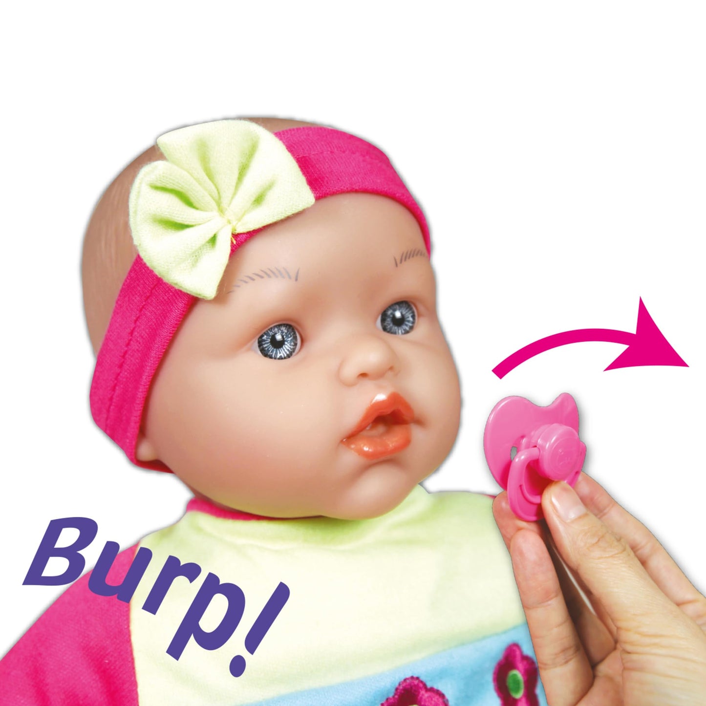 Lissi: 15" Moving Face Baby Doll - Pink-Green-Blue- Floral - Interactive Doll & Feeding Care Accessories, Sucks On Pacifier & Makes Noises, Kids 2+