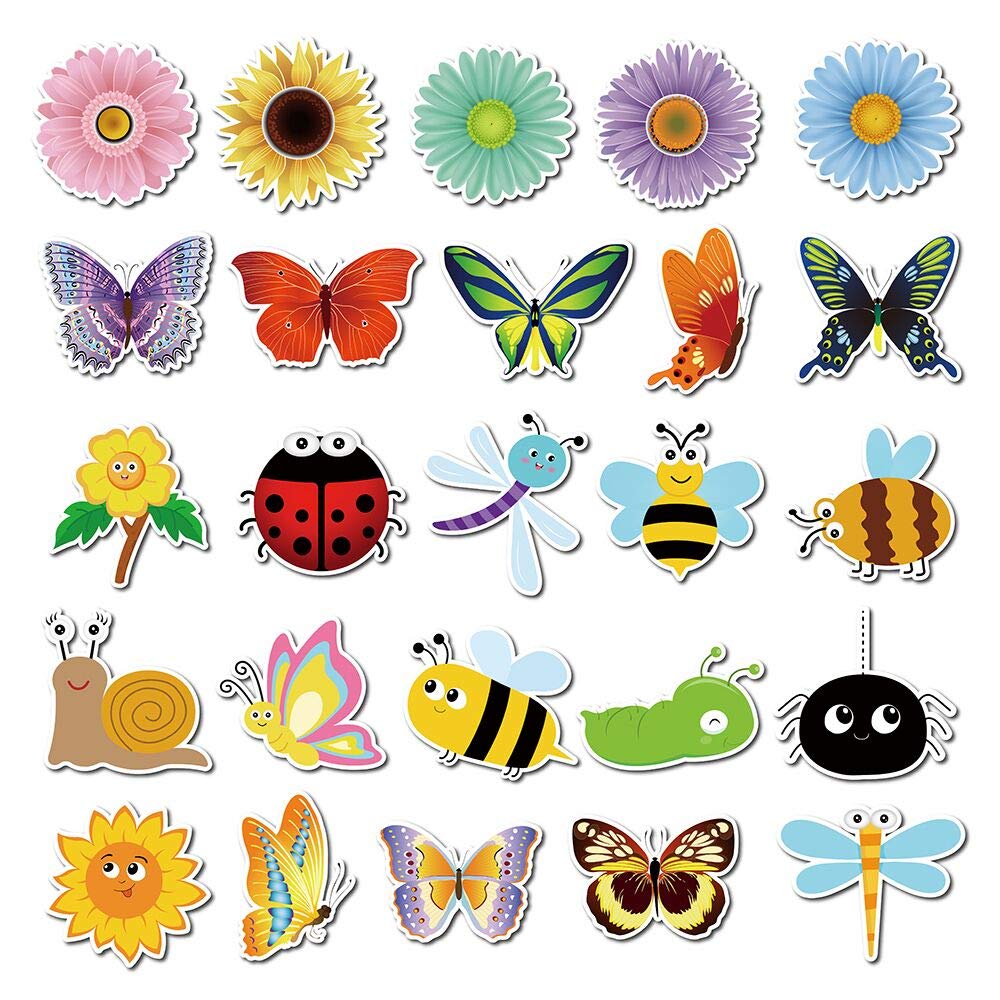Anor Wishlife Flower Stickers(50pcs),Hungry Caterpillar,Butterfly,Spring,Summer,Bee PVC Waterproof Stickers for Kids,Adults,Decals