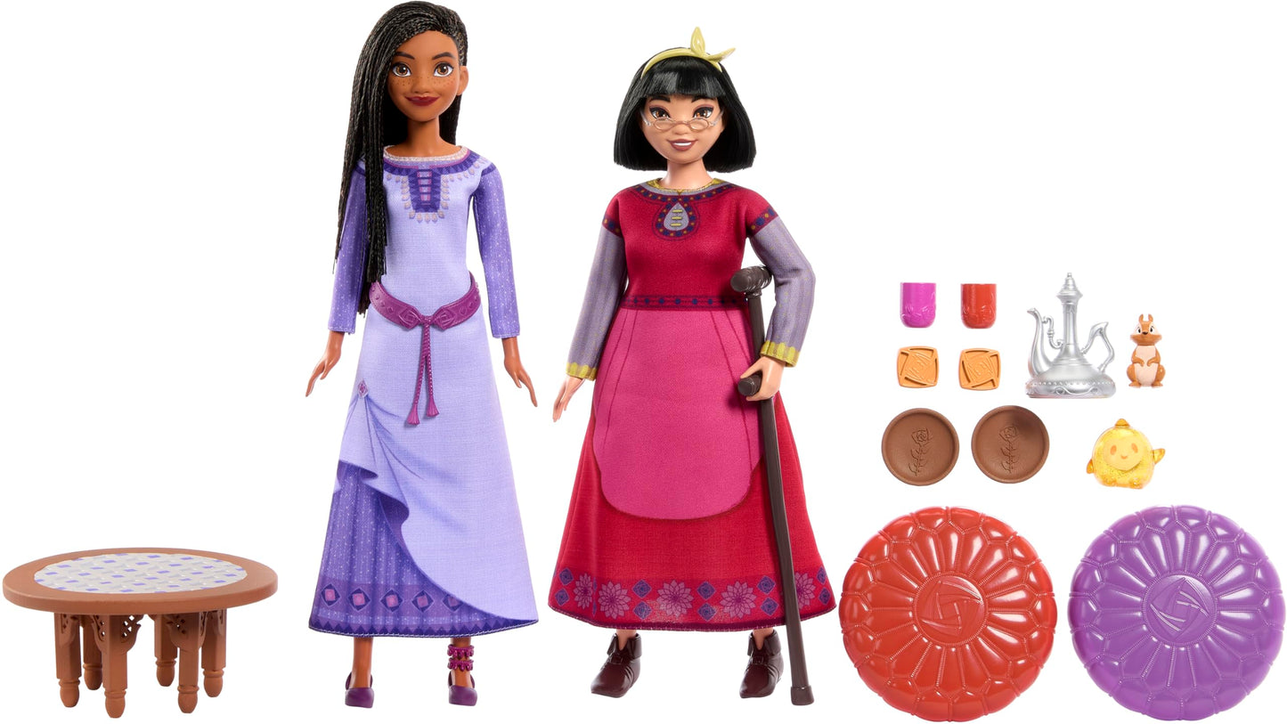 Mattel Disney Wish Toys, Best Friends Tea Time Playset with Asha & Dahlia of Rosas Dolls, 2 Figures, 1 Table & 10 Accessories, Inspired by the Movie