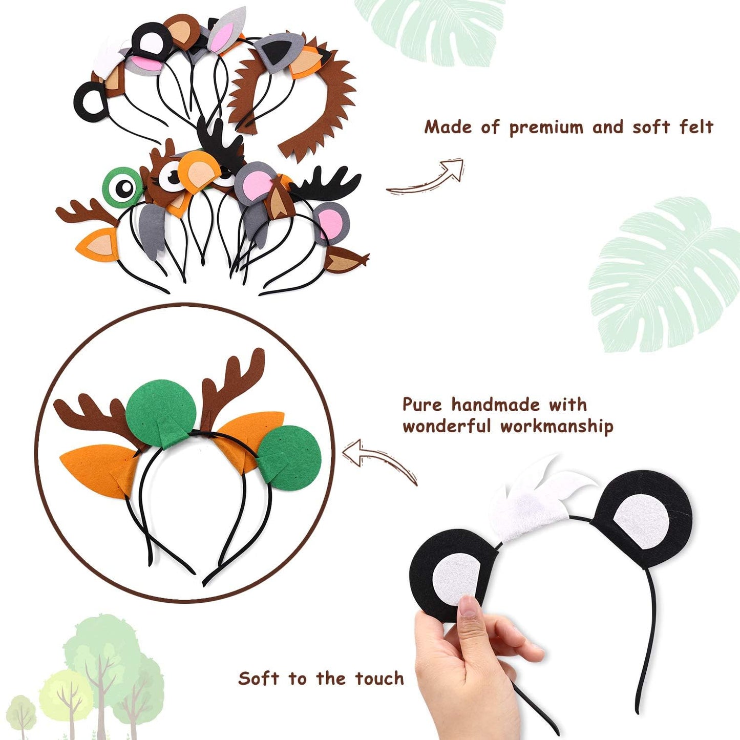 13PCS Woodland Animal Headbands Forest Friend Wild One Camping Theme Felt Ears Headbands For Woodland Creature Theme Baby Shower Birthday Party Favors