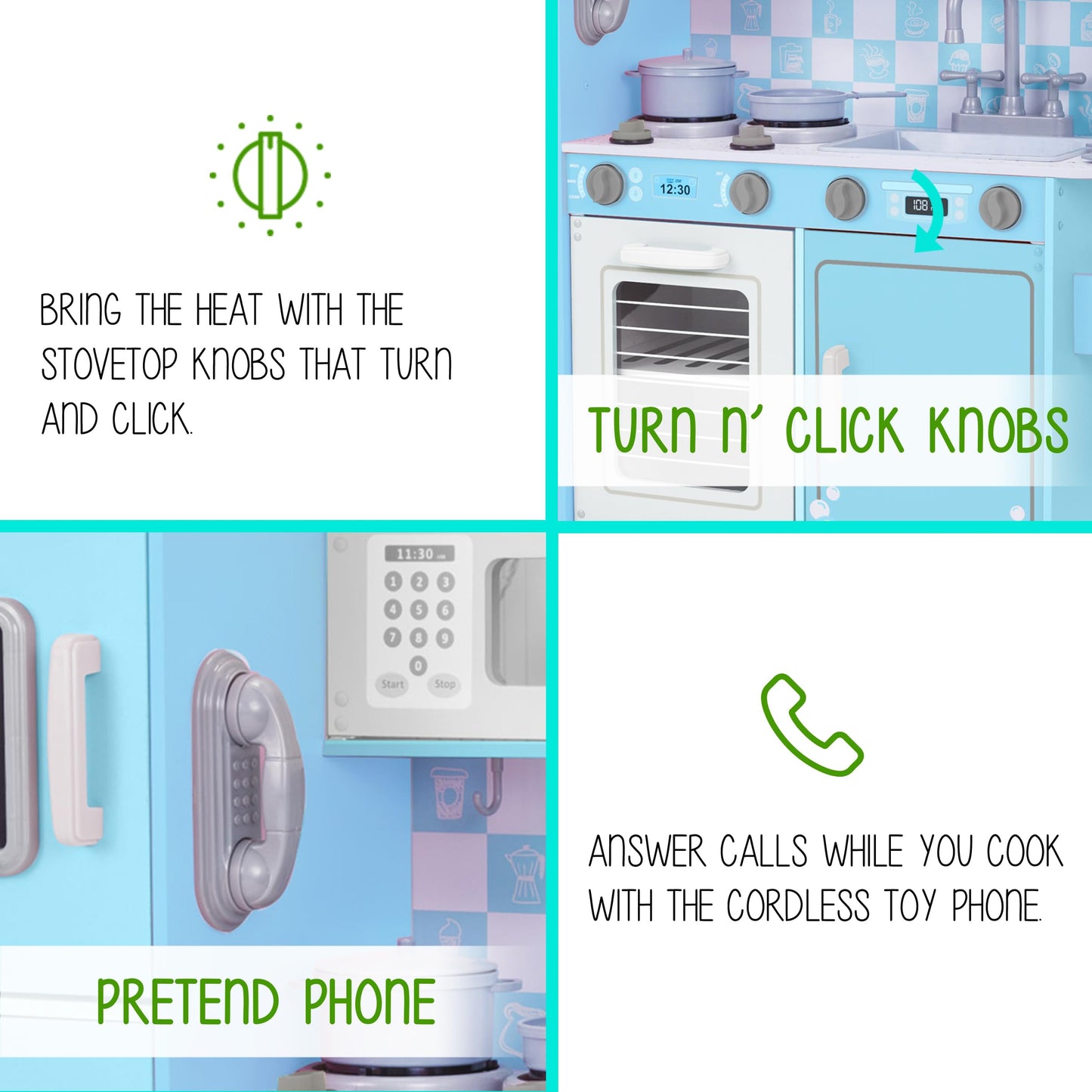 Lil' Jumbl Kids Kitchen Set, Pretend Wooden Play Kitchen with Chalk Board, Play Phone, Towel Rack & Ice Dispenser, Clicking Knobs, Pots & Utensils