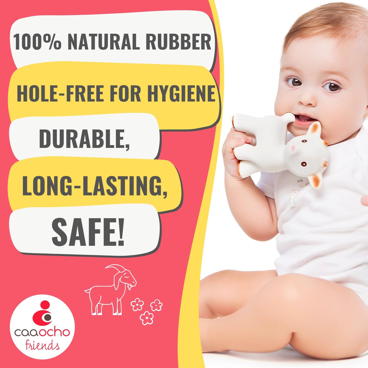 CaaOcho Pure Natural Rubber Teething Baby Toy - Sola the Goat Teether for Babies, BPA Free Baby Toy, All Natural Teething Toys for Babies 0-6, Safe