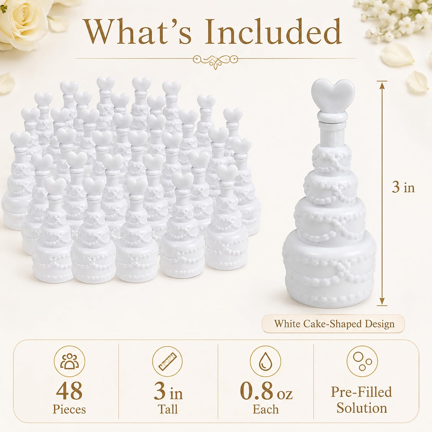 GIFTEXPRESS 48 pcs 3" Wedding Bubble Wands White Cake Shaped Bubble Wands, Party Favors for Wedding Supplies, Valentine's Day, Anniversary