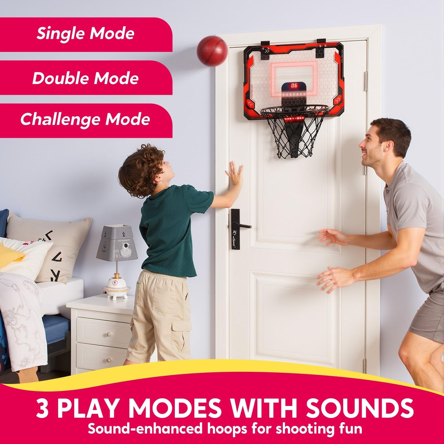 SYNCFUN Mini Basketball Hoop Over The Door, LED Indoor Basketball Hoop for Kids with Scoreboard & 4 Balls, Basket Ball Game Toys Gifts for Boys Ages 3