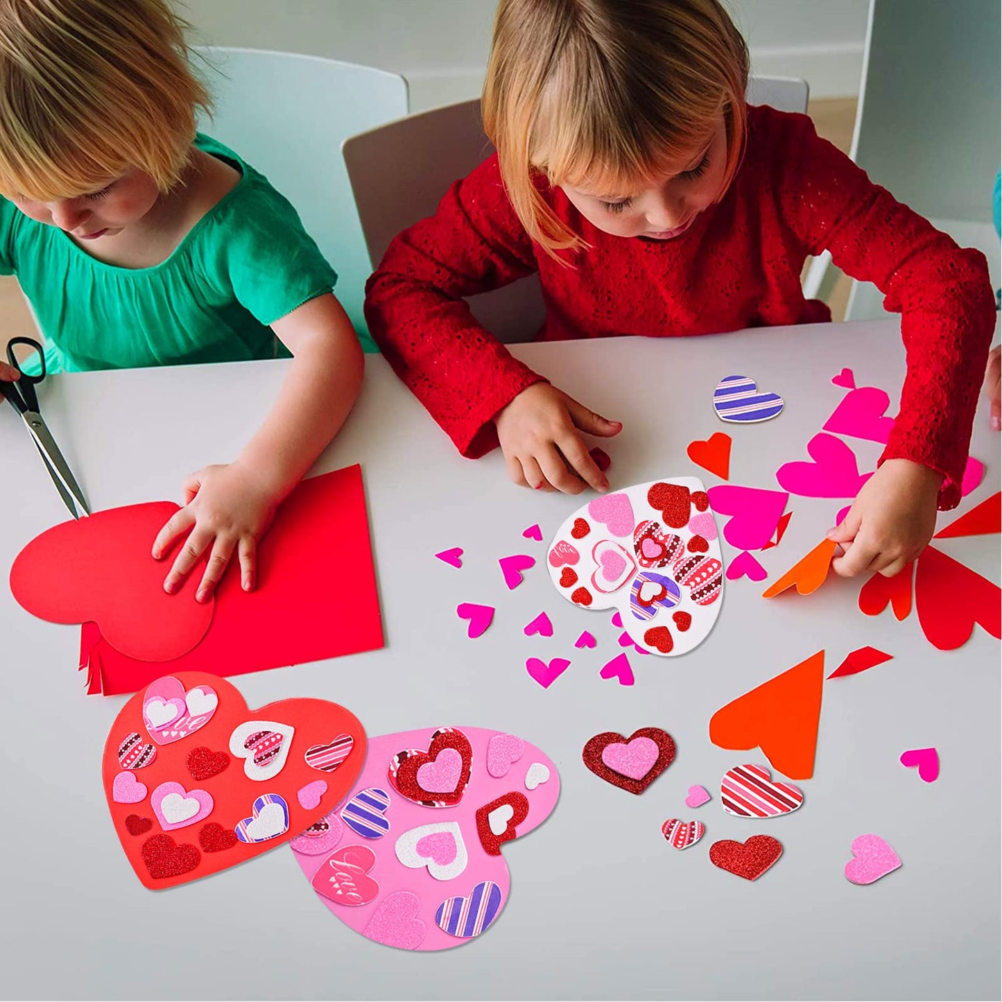 388 Pieces Valentine's Day Foam Heart Stickers Kit Includes 18 Pcs Colorful Large Foam Hearts and 370 Pcs Glitter Self-Adhesive Heart Stickers