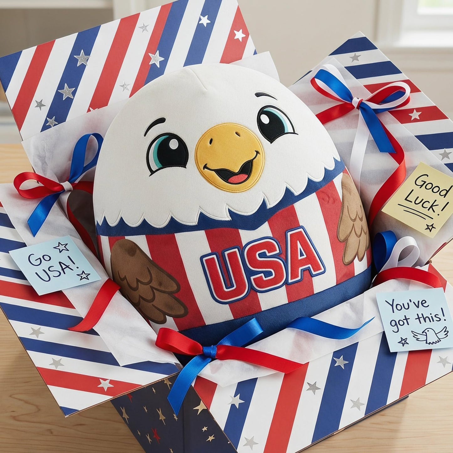 Qodwnep Cute Patriotic Eagle Plush Pillow, Patriotic Bald Eagle Stuffed Animal with American Flag Shirt, Soft Round Pillow Sports Fans and USA Room