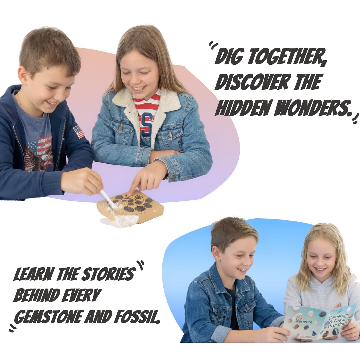 Xenvera Gemstone and Fossil Dig Kit - Excavate 10 Gems and 10 Fossils, STEM Geology Set, Educational Toy, Science Kit for Kids Ages 8+