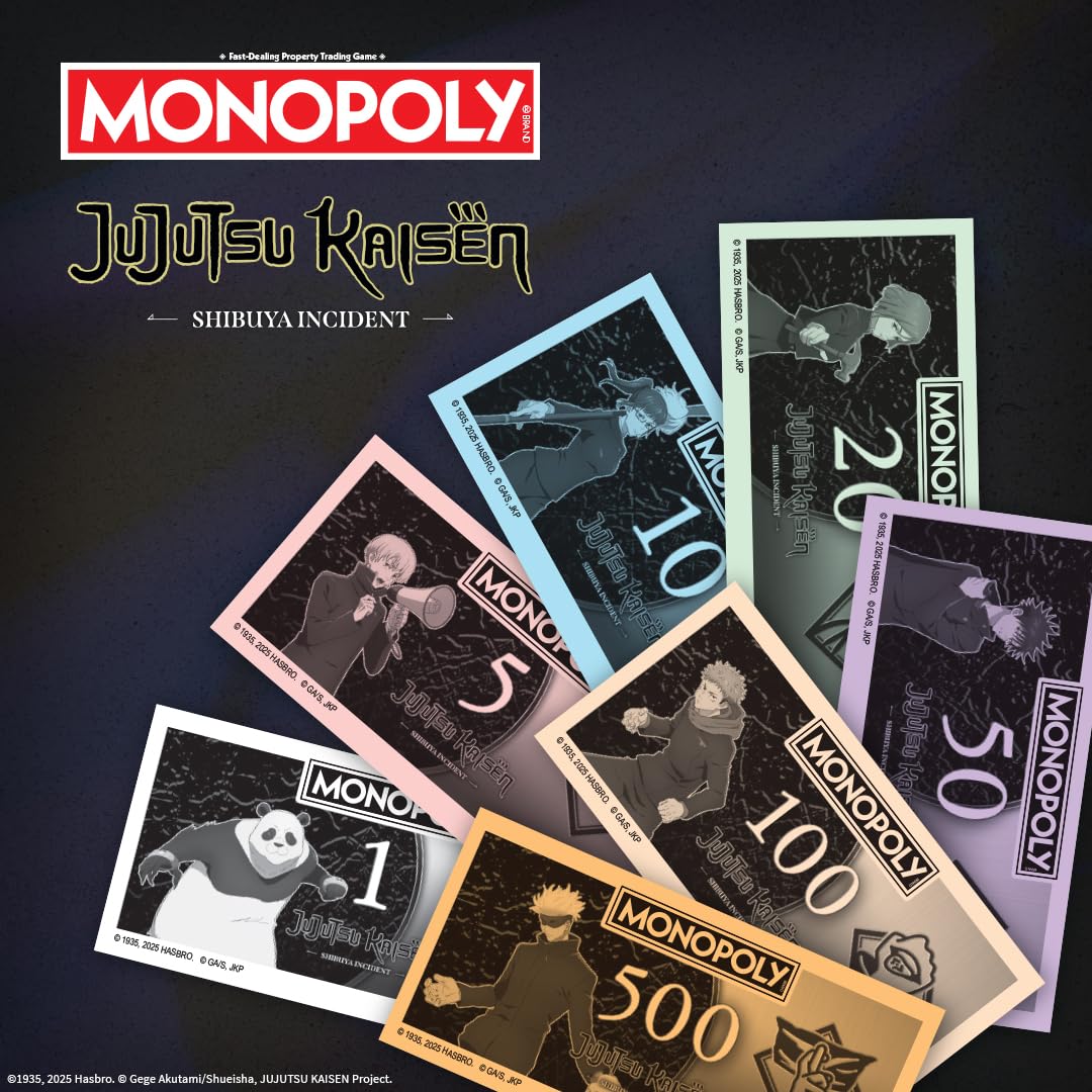 MONOPOLY: Jujutsu Kaisen Edition Board Game, Buy Sell Trade Locations from the Shibuya Incident Arc, Featuring 6 Custom Tokens: Yuji Itadori, Panda