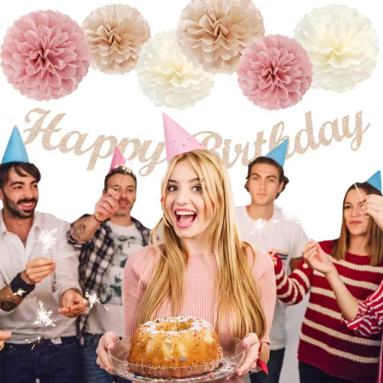 Pink Champagne-Peach Rose-Gold Boho Party Decorations - 23pcs Women Girls Birthday Tissue Pom Poms Streamers,Baby Bridal Shower Tassel Garland