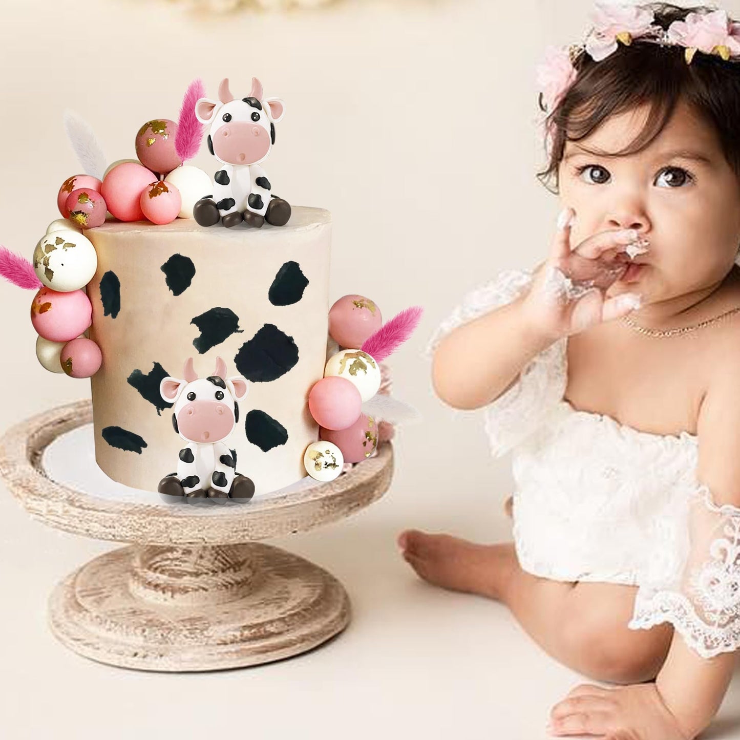 KEEPARTY Cow & Ball Cake Toppers, 26pcs, Farm Animal Themed, Clay, Pink and White, for Baby Shower, Birthday, Girls and Boys Party Supplies