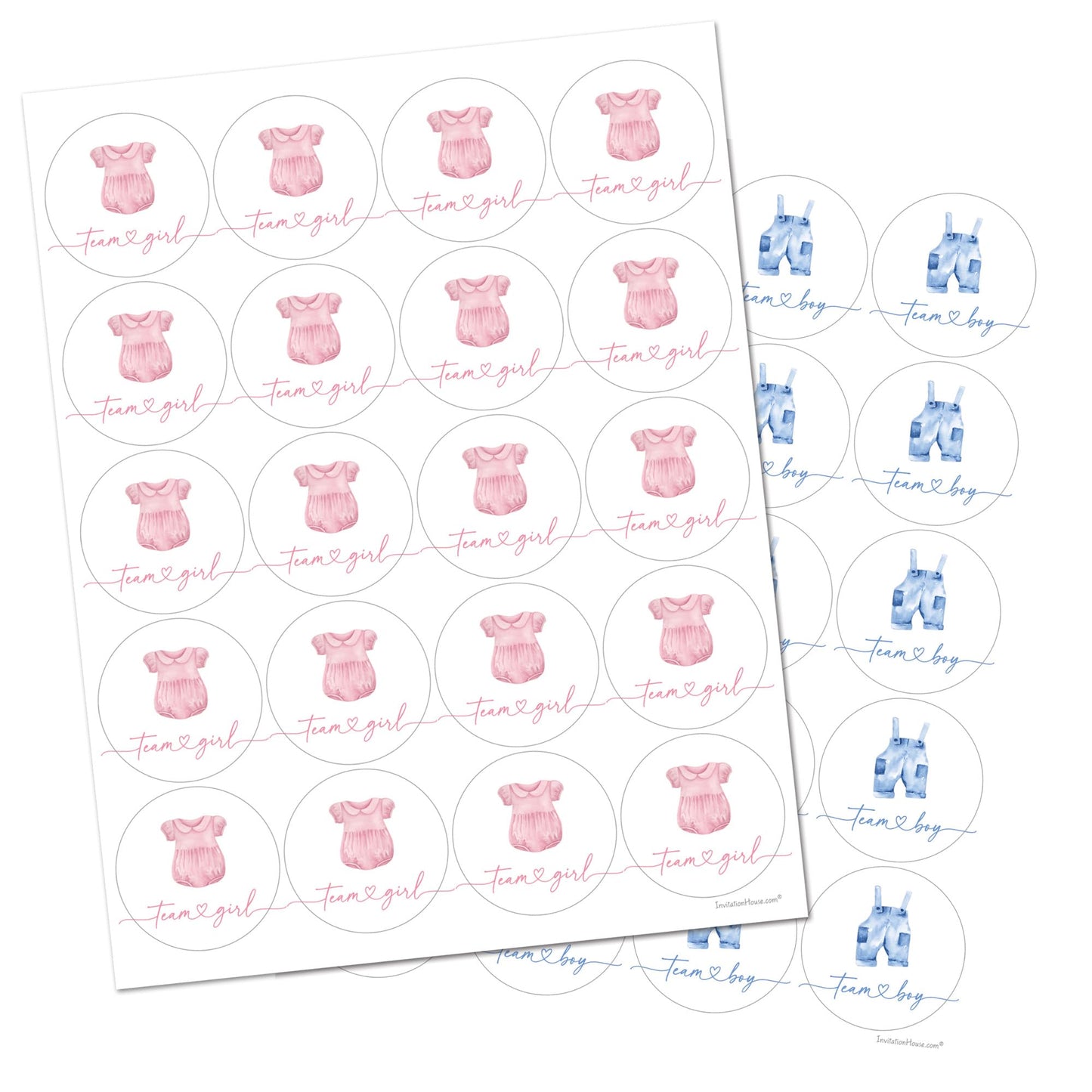 Clothes Team Girl, Team Boy Gender Reveal Stickers - 40 Labels (20 of Each Design)