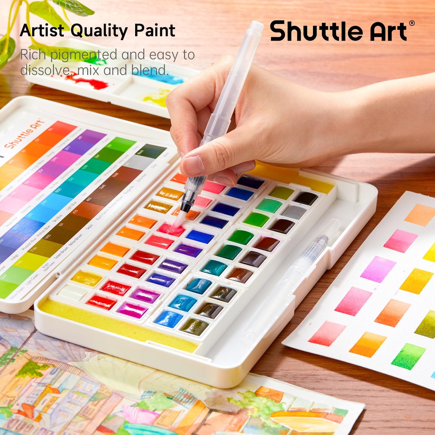 Watercolor Paint Set, Shuttle Art 48 Colors Watercolor Paint in Half Pans with 2 Water Brush Pens, 10 Paint Brushes, 1 Watercolor Pad, 1 Palette, 2