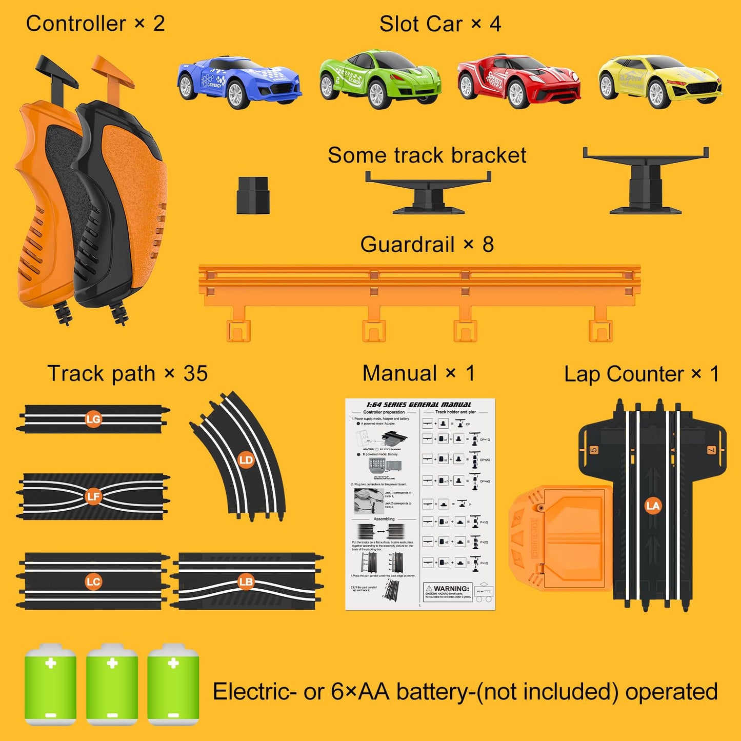 Slot-Car-Race-Track-Sets for Boys Kids, Battery or Electric Race Car Track with 4 High-Speed Slot Cars, Dual Racing Game 2 Hand Controllers Circular