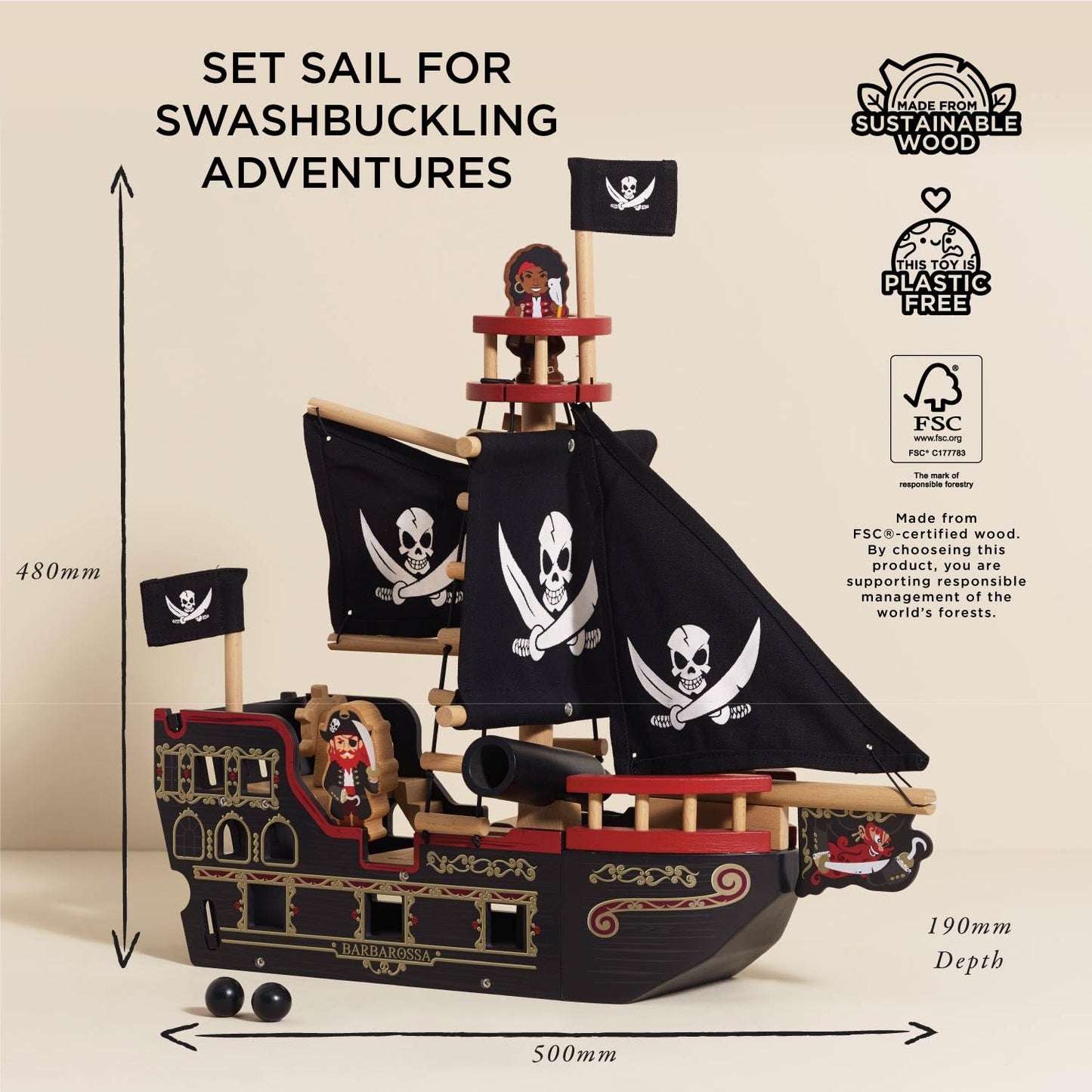 Le Toy Van Barbarossa Pirate Ship Sustainable Wooden Toy Playset
