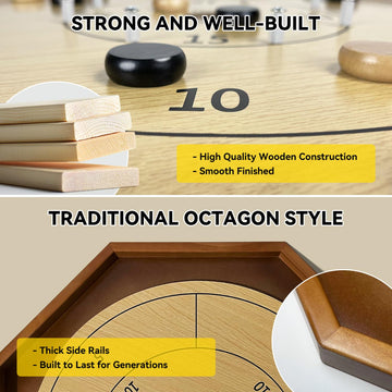 30 Inch Tournament Crokinole Board Game, 2 in 1 Crokinole and Checkers with 26” Playing Surface, Metal Pegs, Wooden Octagon Canadian Tabletop Board