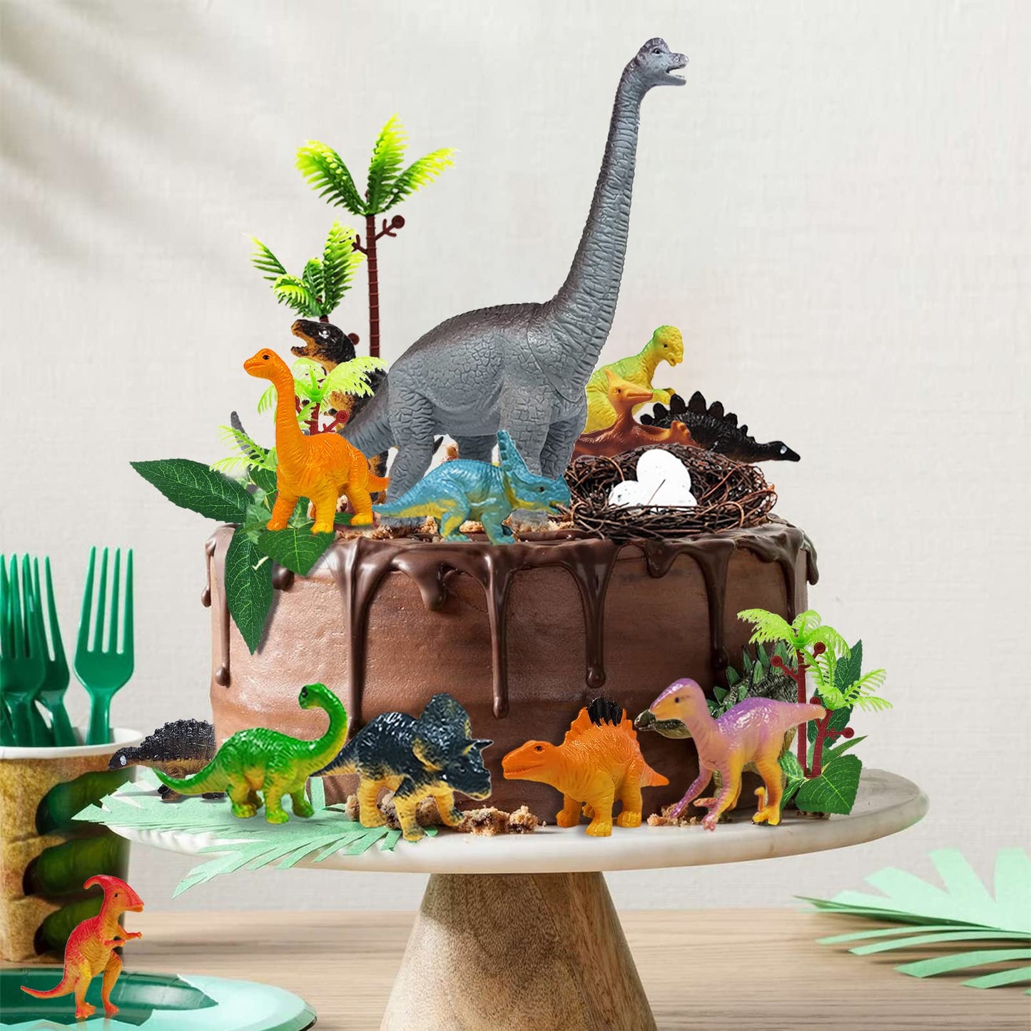 GLAHORSE 26 PCS Dinosaur Cake Toppers With Dinosaur Eggs, Leaves, Trees - Cake Decorations For Kids Birthday Party