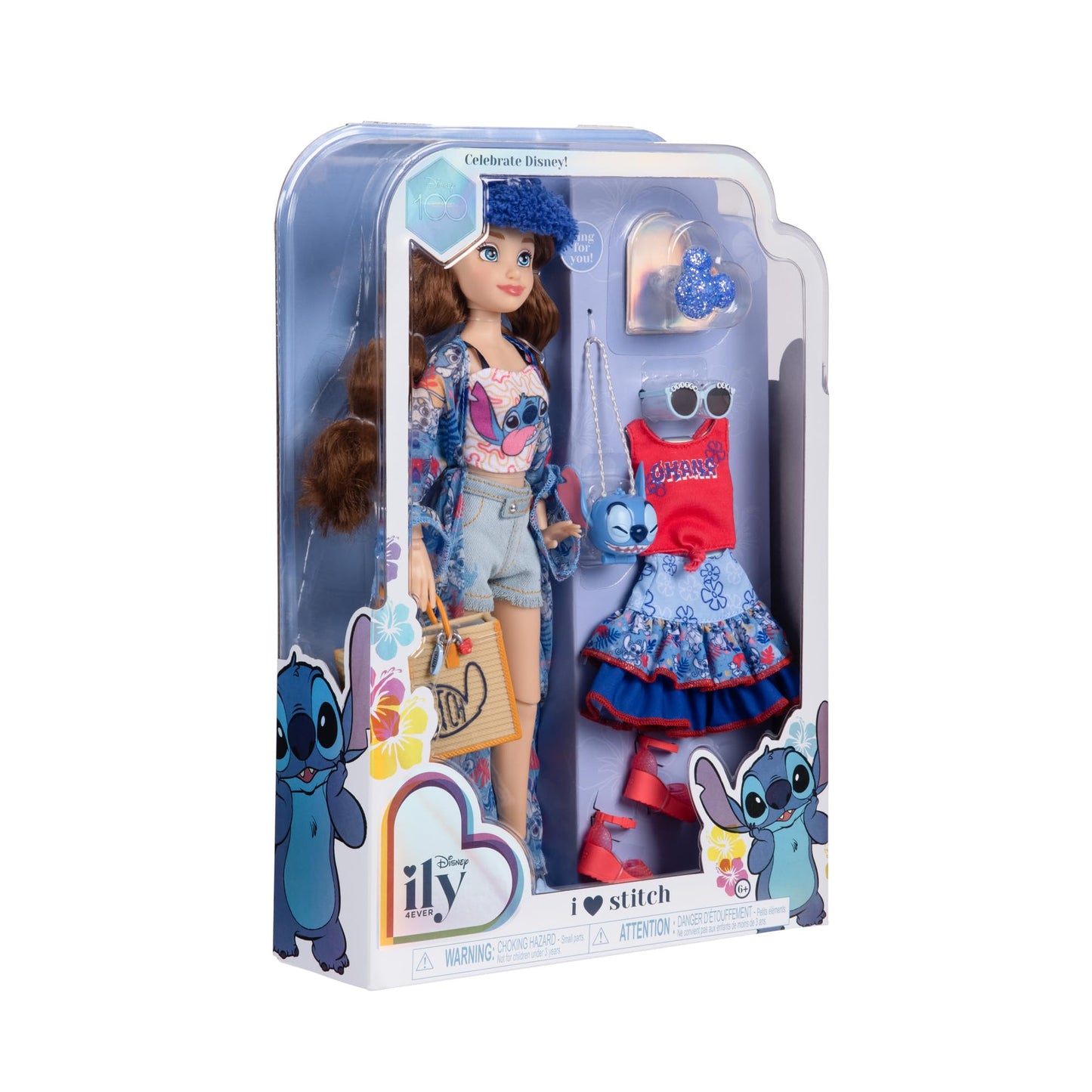Disney ily 4EVER Dolls Disney 100 - Stitch 11.5" Tall with 13 Points of Articulation, Two Complete Mix-and-Match Outfits and Glittery Mickey Ring for