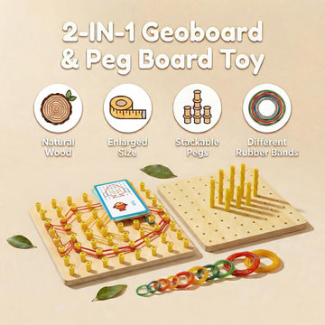 Wooden Geoboard with Stackable Pegs - 2 in 1 Montessori Peg Board Toy with 68Pcs Wood Pegs for 3 4 5 6 Year Old Kids - Fine Motor STEM Building Set