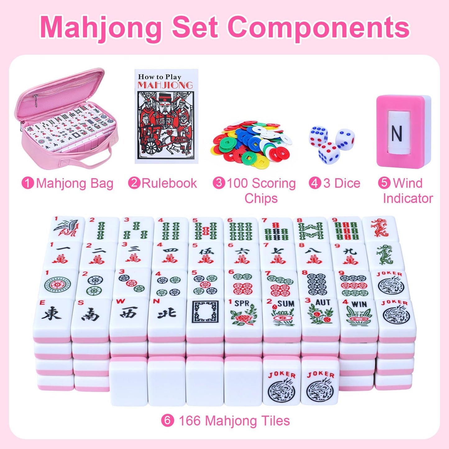 American Mahjong Tile Set with Portable Handbag - 166 Premium Tiles & Complete Accessories, 3 Dice, Chips, Wind Indicator & Full-Color Rulebook