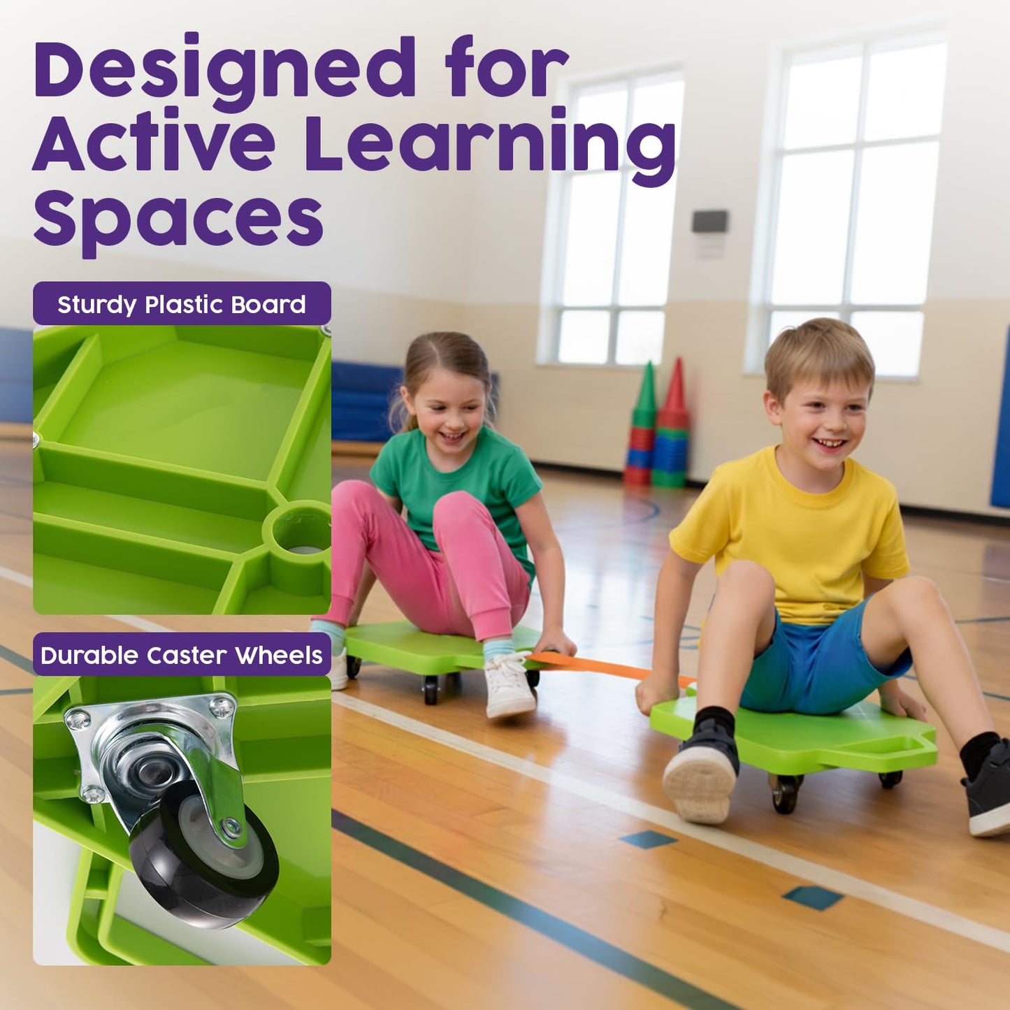 Hurtle Scooter Board for Kids with Safety Handles - Heavy Duty Gym Floor Scooter with 360° Wheels for PE, Indoor Active & Sensory Play - Supports 200