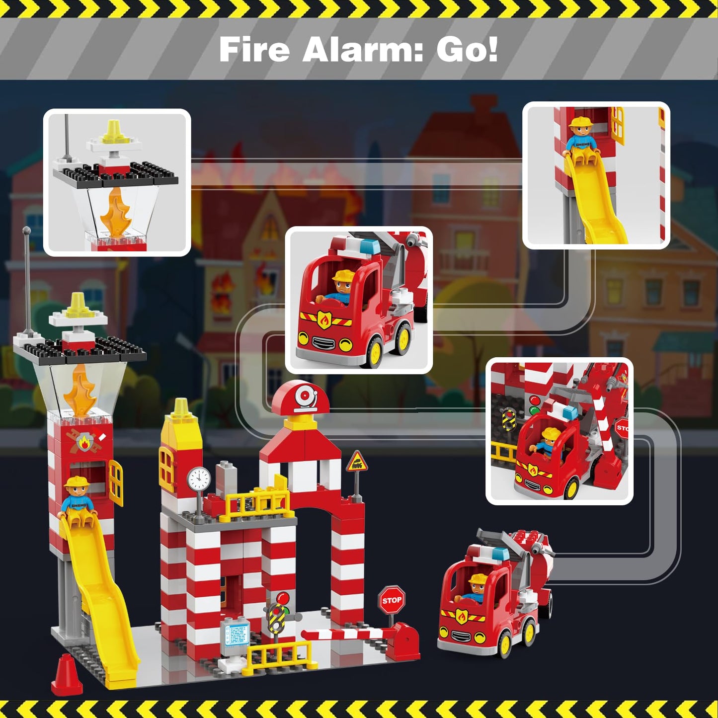 XENQITOYS Fire Station Playset, 144Pcs Classic Big Building Blocks Compatible with All Major Brand, Fire Station Toys, Fire Trucks for Toddlers 3-5
