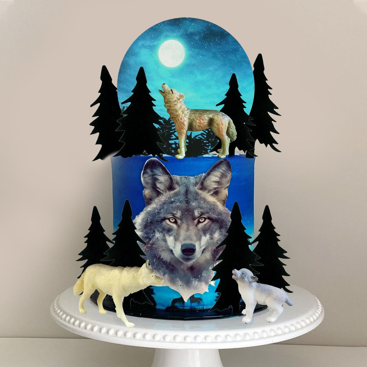 13 PCS Wolf Cake Topper Full Moon Cake Decor with Animal Figurine Wolf Themed Wedding Birthday Cake Decorations (Gray)