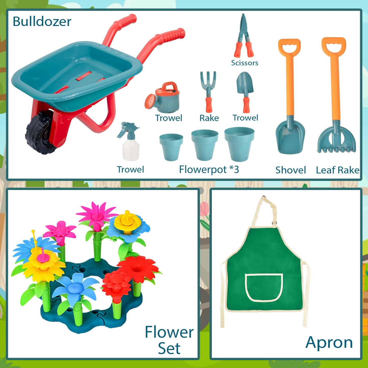 unanscre Gardening Tool Set for Kids, with Toddler Wheelbarrow, Watering Can, Spray Bottle, Double Rake, Shovel, Trowel, Pruner, Flowers Kit, Apron