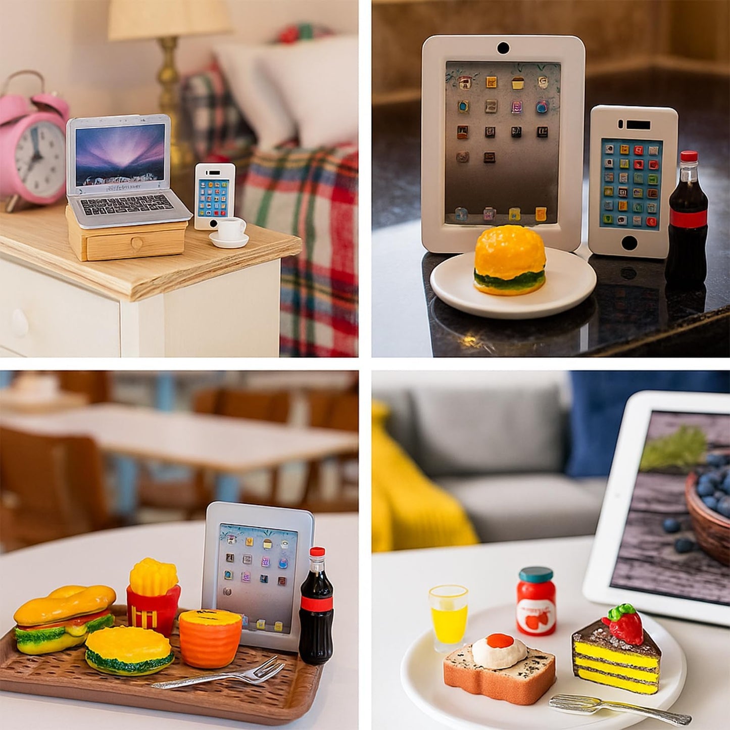 20Pcs Miniature Laptop Computer Tablet Toy Phone Pad and Hamburger Fries Cola Fast Food Cake Coffee Juice Fits Doll Accessories Scale Dollhouse