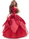 Barbie Signature 2022 Holiday Doll, Light-Brown Wavy Hair Wearing Red Poinsettia-Inspired Gown, Collectible with Doll Stand & Certificate of