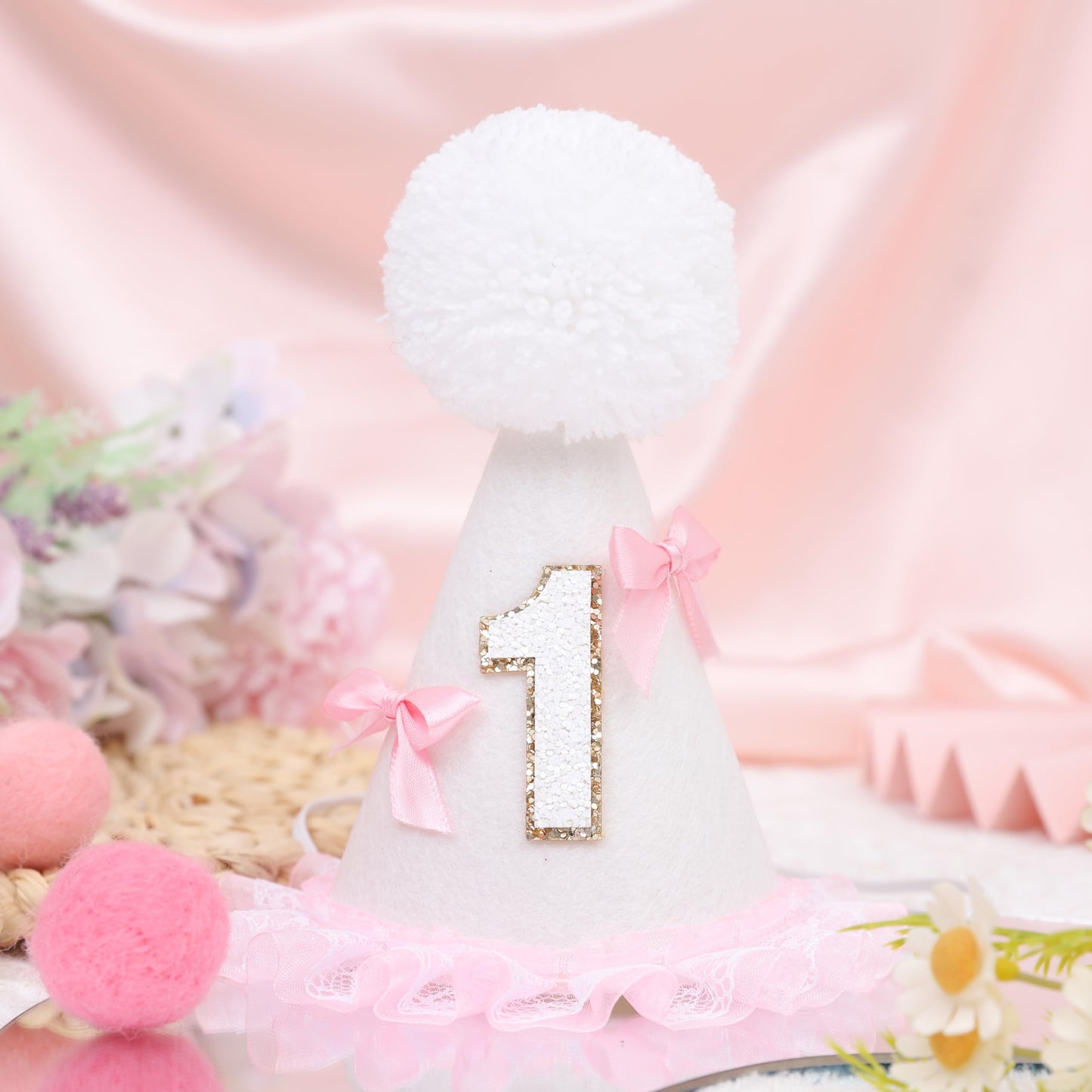 WUTKYAX Pink Bow 1st Birthday Hat - Little Princess First Birthday Decorations,White Cone Hat with Bow,Birthday Cake Smash Party Photo Props,Sweet One