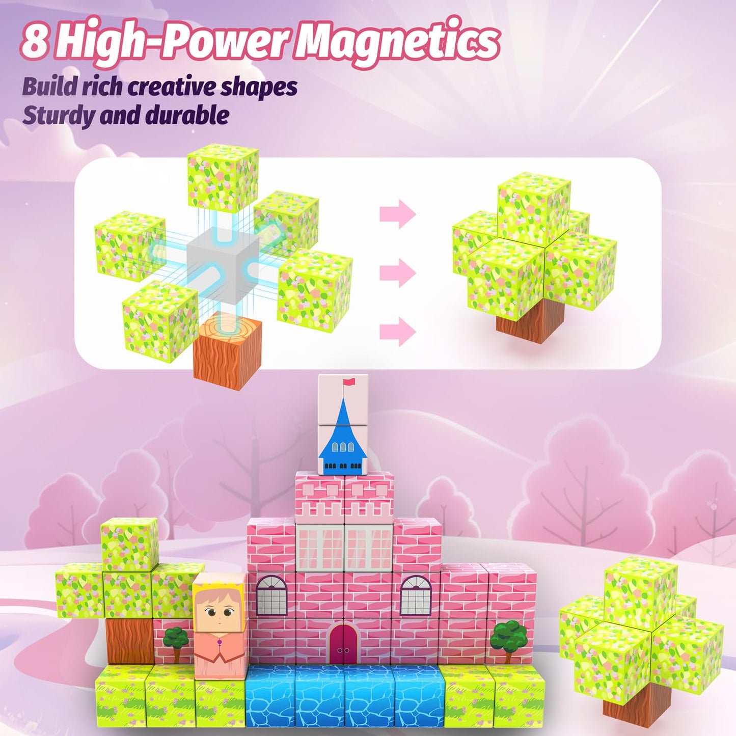 CEMECER Magnetic Blocks, 48PCS 1in Princess Magnetic Building Blocks Toy for Kids Build Cubes, Stacking Magnetic Tiles, Sensory Montessori