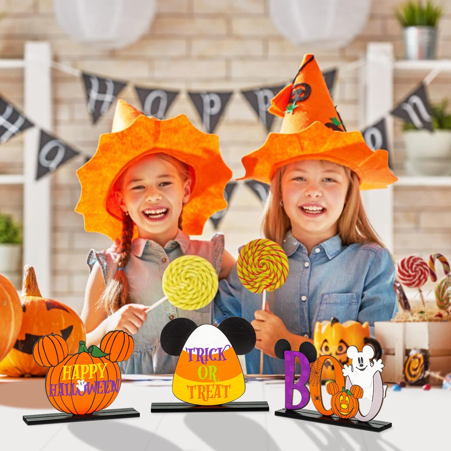 Andi Cppss 3PCS Halloween Mouse Wooden Table Centerpieces, Trick or Treat Sign Table Top Decor, Boo Sign Table Centerpiece for Halloween, Happy