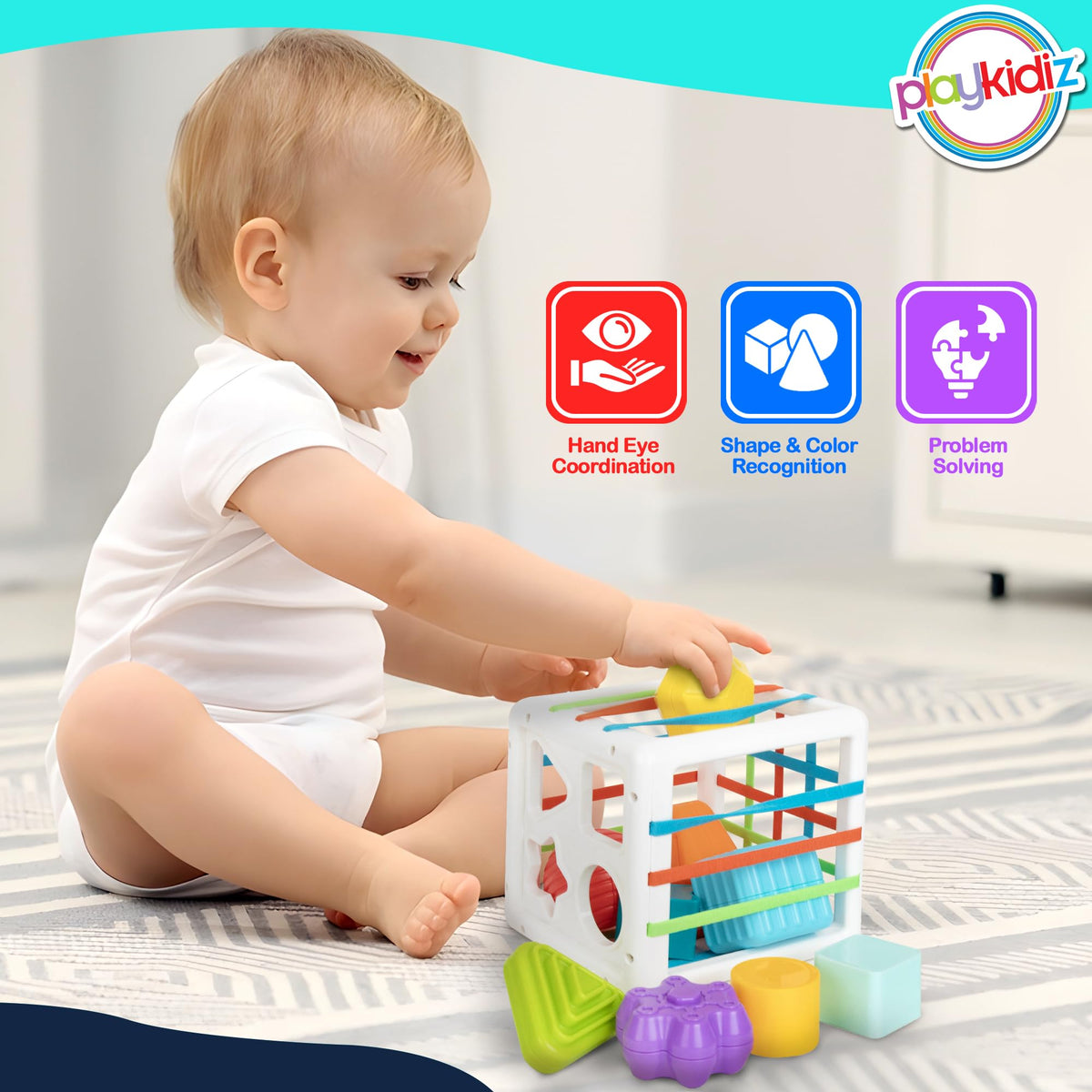 Playkidiz Shape Sorter Baby Toys, Sorting & Stacking Blocks Toy for Toddlers, Sensory Shapes, Early Learning Development Activity Cube for Boys