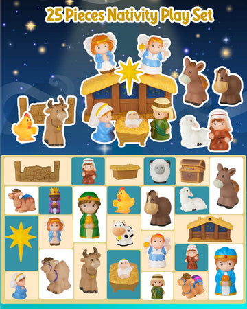 HARDWIND 25pcs Nativity Set for Kids, Christmas Story Playset Figurine, Little Nativity Toddler Toy, Nativity Scene Set for Children Ages 1 2 3 4 5 6+