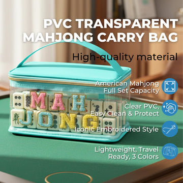 Loyipu PVC Transparent Mahjong Carry Bag with Embroidered MAH Jong - Mint Green/Purple/Pink | Fits Standard American Mahjong Tiles, Dice & Scorecards