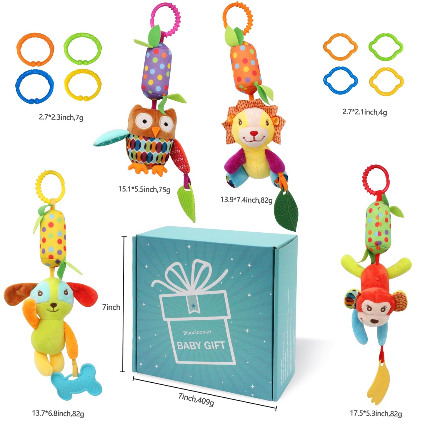 Bloobloomax Baby Soft Hanging Rattle, Car Seat Stroller Toys with Plush Animal C-Clip Ring for Infant Babies Boys and Girls 3 6 9 to 12 Months