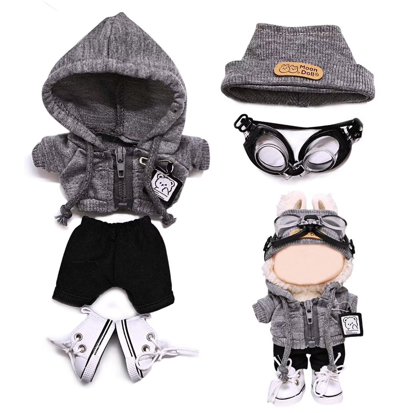 Oufit for Labubu 17cm 15cm Doll Cloth and Accessories with Grey Hoodie, Pants, Shoes, Hat and Goggles (Dolls not Included) 5pcs